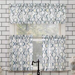 Geometric Semi-Sheer Rod Pocket Kitchen Curtain Valance and Tiers Set, 54" x 36"
